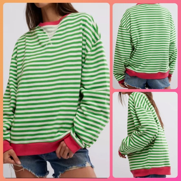 We The Free Tops - 🍒(A150) NWT Free People Classic Stripe Oversized Crewneck. Green/Pink/White XS